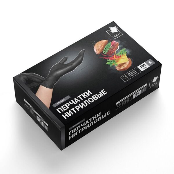 Перчатки нитриловые стандарт + (6.6 гр), чёрные, S, 100 шт/уп., А.Д.М
